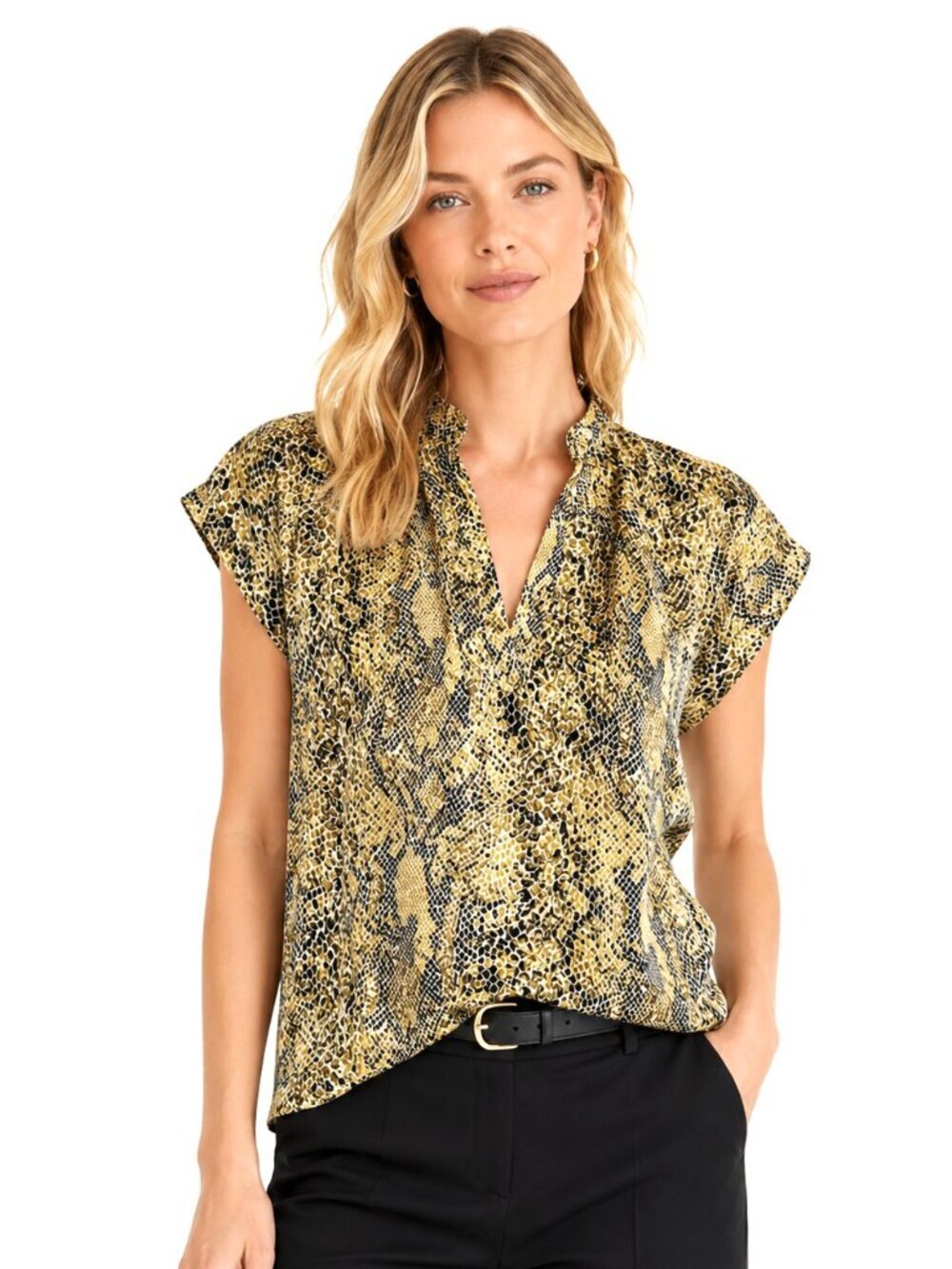 Rachel Mara Green Black Snakeskin Print Silk Cap Sleeve Top